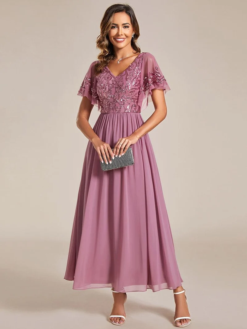 ever HAZEL|Robe Mère de la Mariée en mousseline à manches courtes et encolure en(Vente Finale)