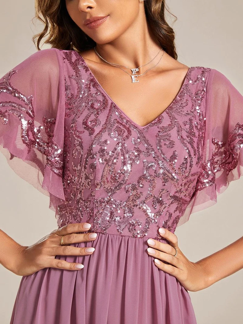ever HAZEL|Robe Mère de la Mariée en mousseline à manches courtes et encolure en(Vente Finale)