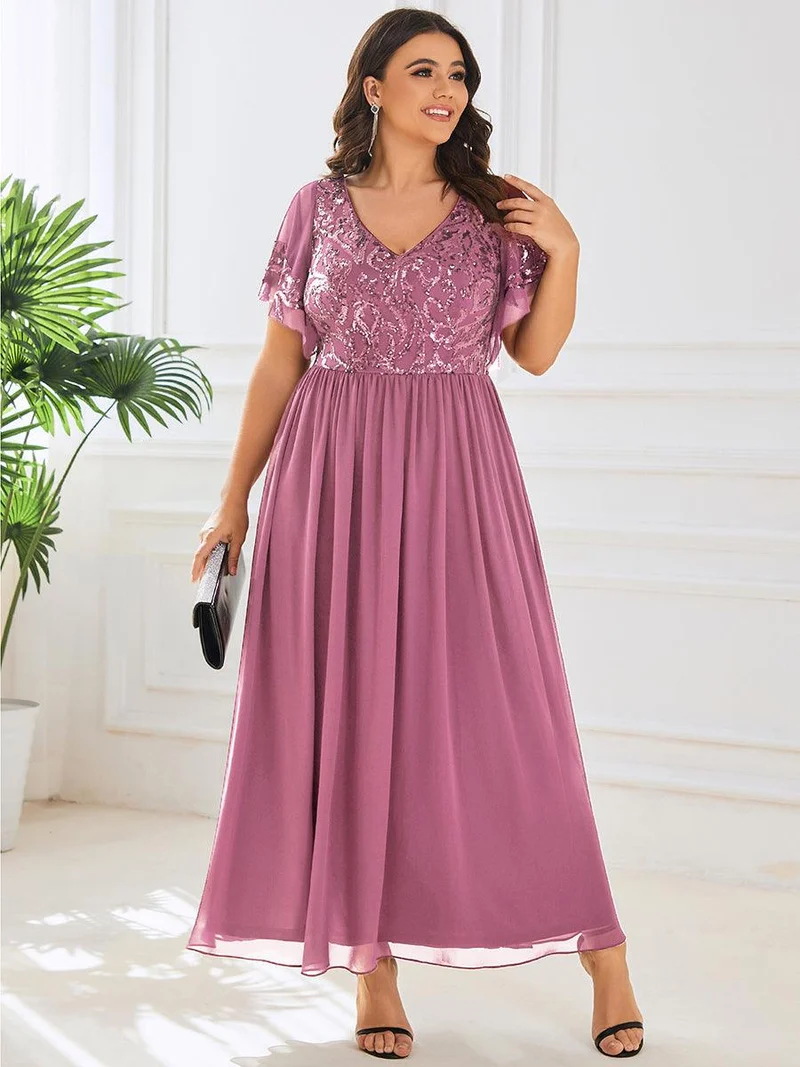 ever HAZEL|Robe Mère de la Mariée en mousseline à manches courtes et encolure en(Vente Finale)