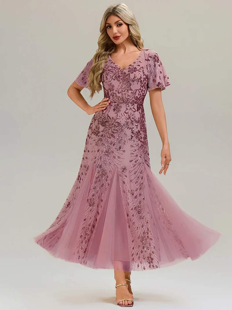 ever ANNIKA|Robe de soirée brodée à paillettes et manches à volants