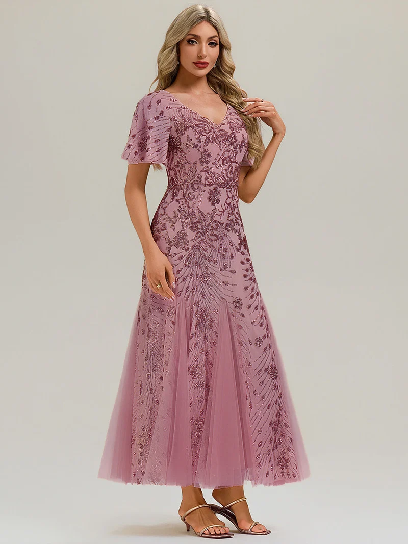 ever ANNIKA|Robe de soirée brodée à paillettes et manches à volants