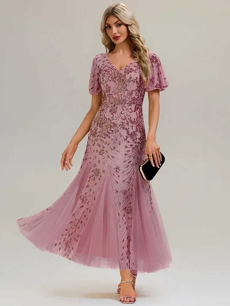 ever ANNIKA|Robe de soirée brodée à paillettes et manches à volants