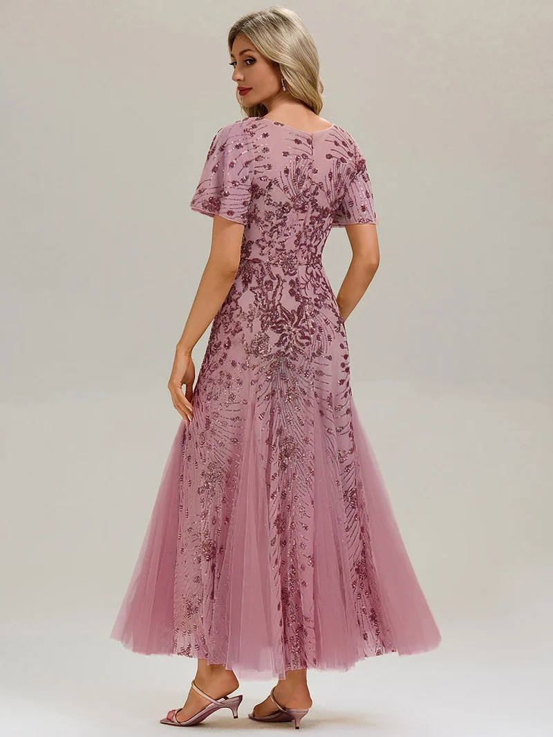 ever ANNIKA|Robe de soirée brodée à paillettes et manches à volants