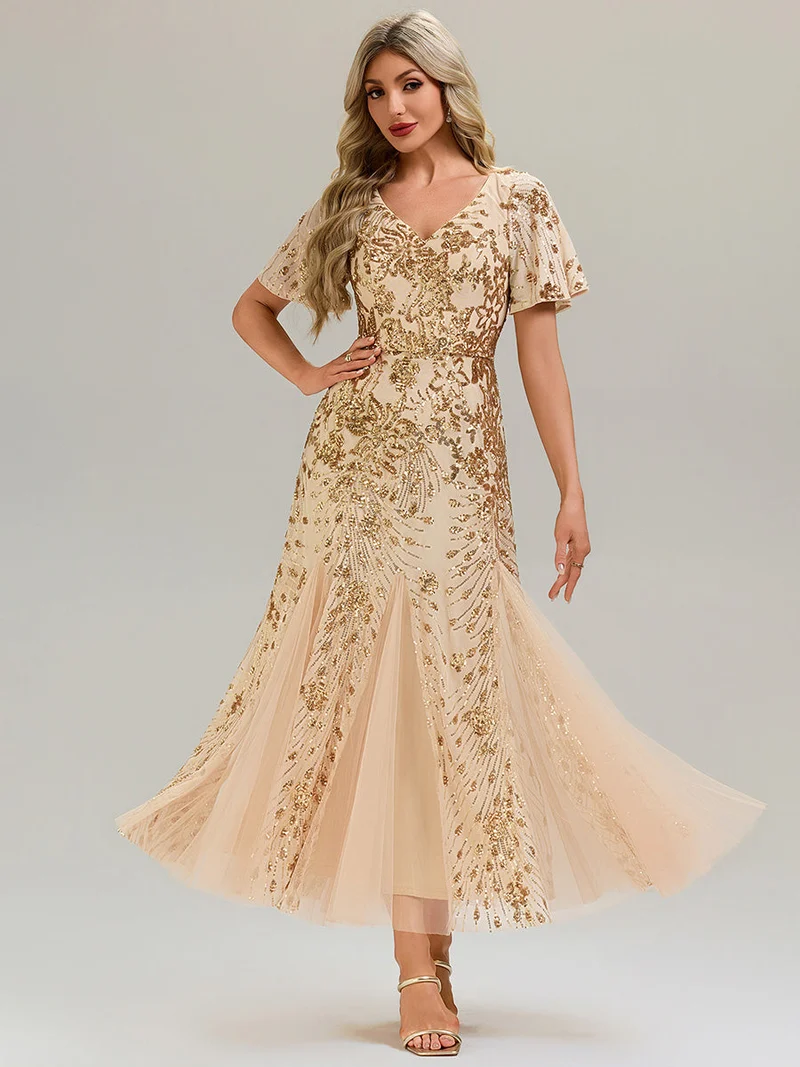 ever ANNIKA|Robe de soirée brodée à paillettes et manches à volants