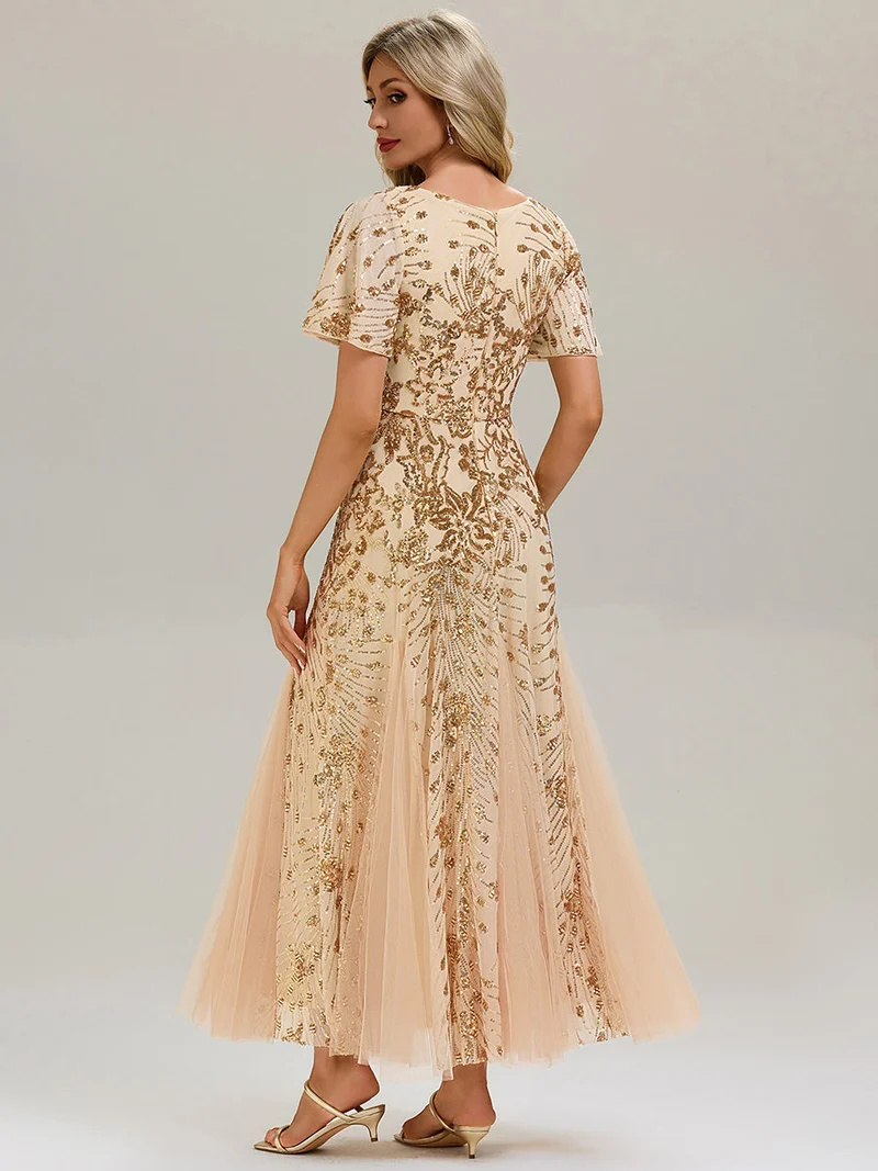 ever ANNIKA|Robe de soirée brodée à paillettes et manches à volants