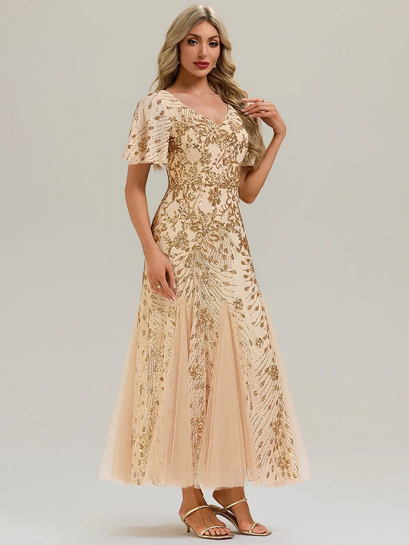 ever ANNIKA|Robe de soirée brodée à paillettes et manches à volants
