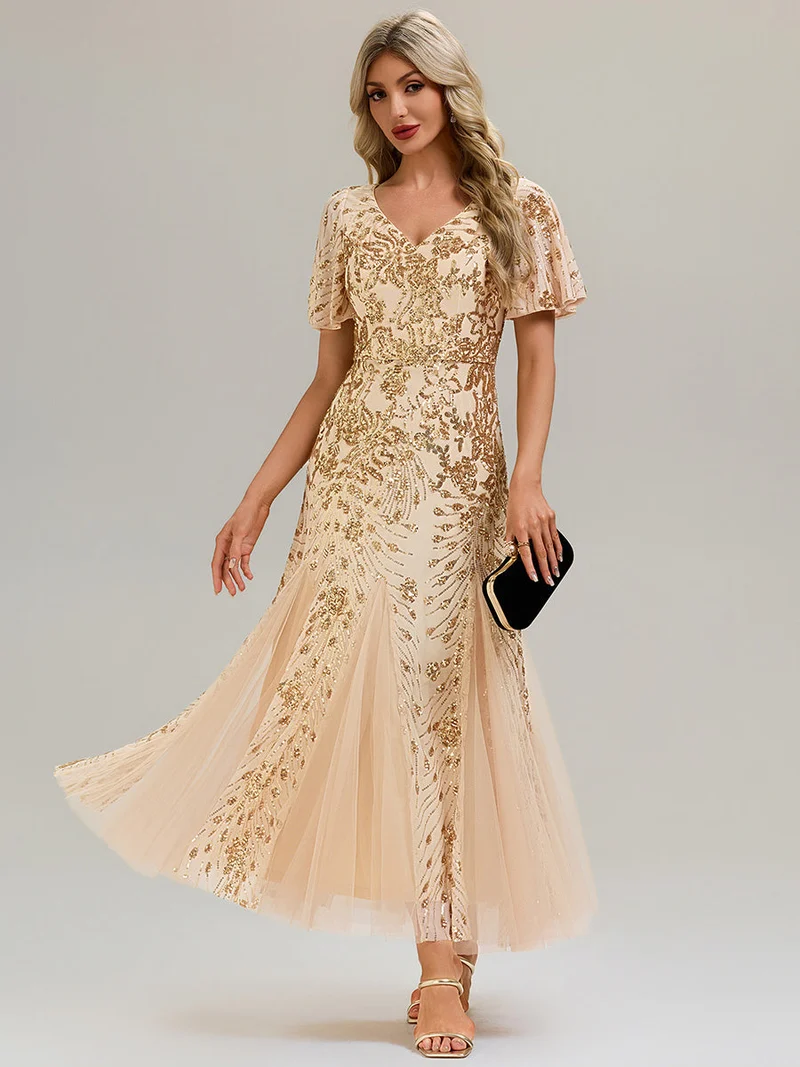 ever ANNIKA|Robe de soirée brodée à paillettes et manches à volants