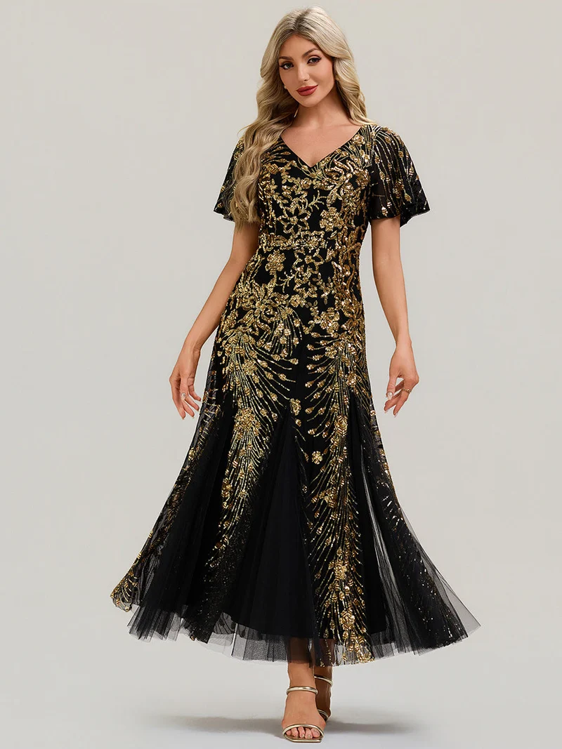 ever ANNIKA|Robe de soirée brodée à paillettes et manches à volants