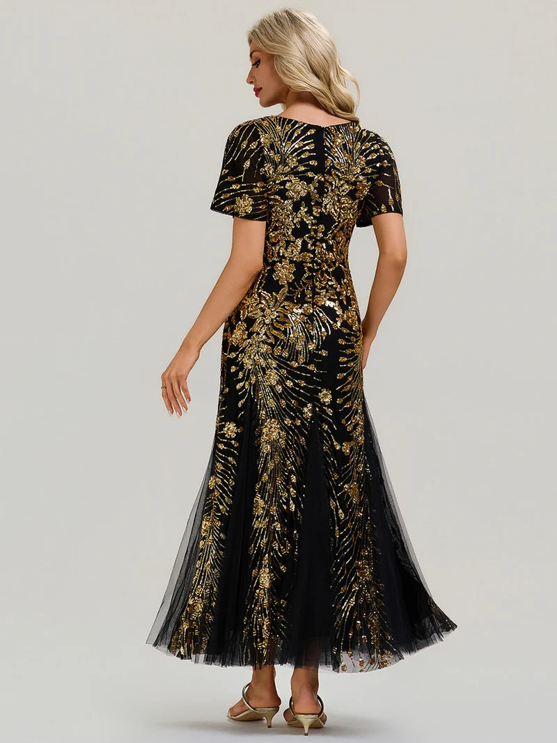 ever ANNIKA|Robe de soirée brodée à paillettes et manches à volants