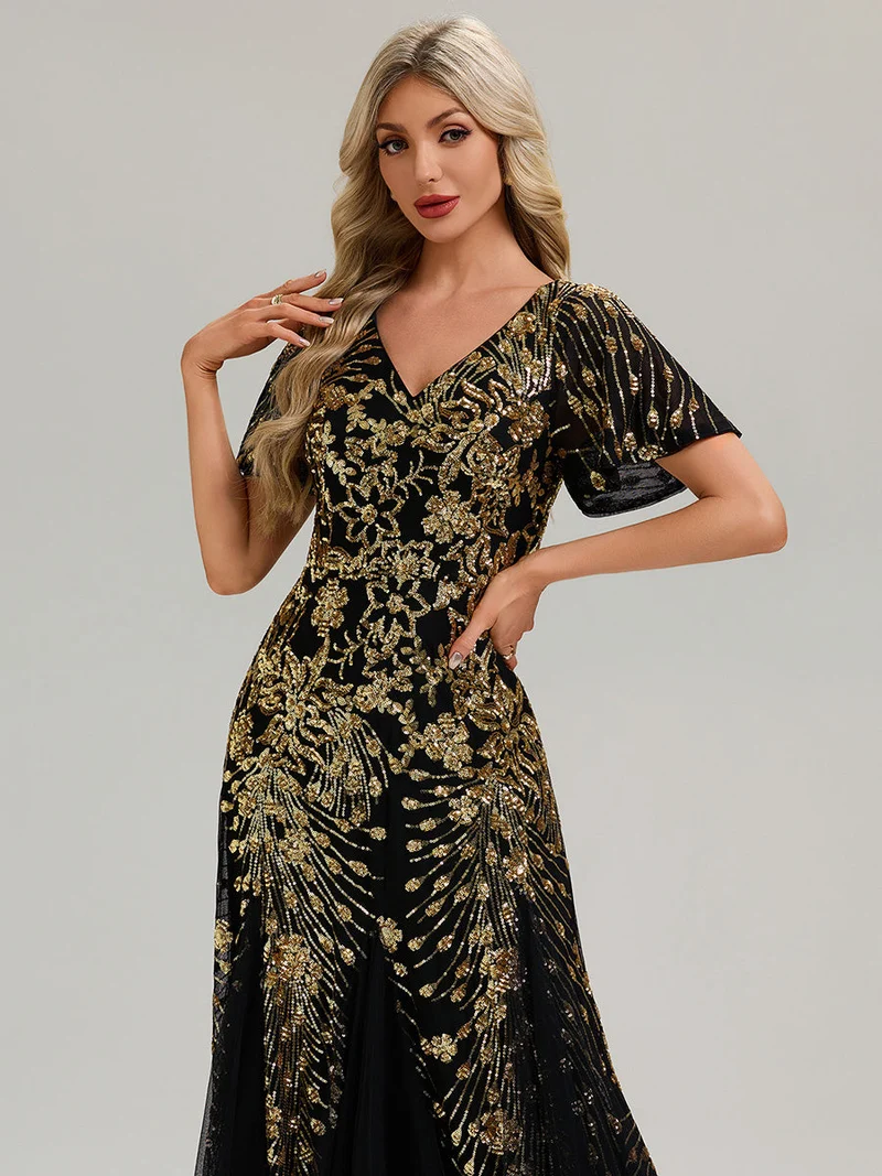 ever ANNIKA|Robe de soirée brodée à paillettes et manches à volants