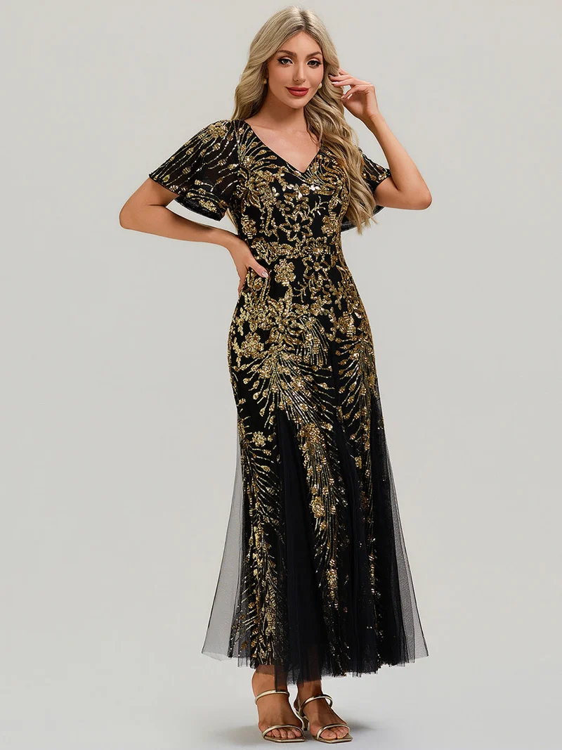 ever ANNIKA|Robe de soirée brodée à paillettes et manches à volants