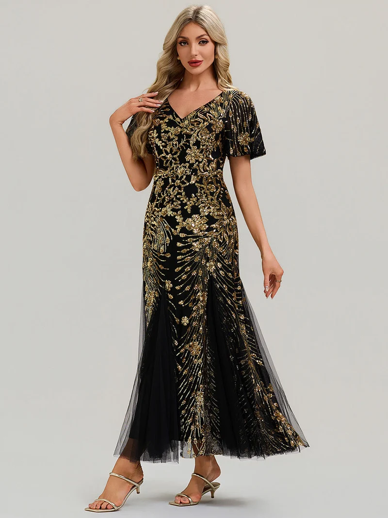 ever ANNIKA|Robe de soirée brodée à paillettes et manches à volants