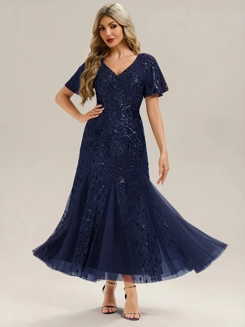 ever ANNIKA|Robe de soirée brodée à paillettes et manches à volants