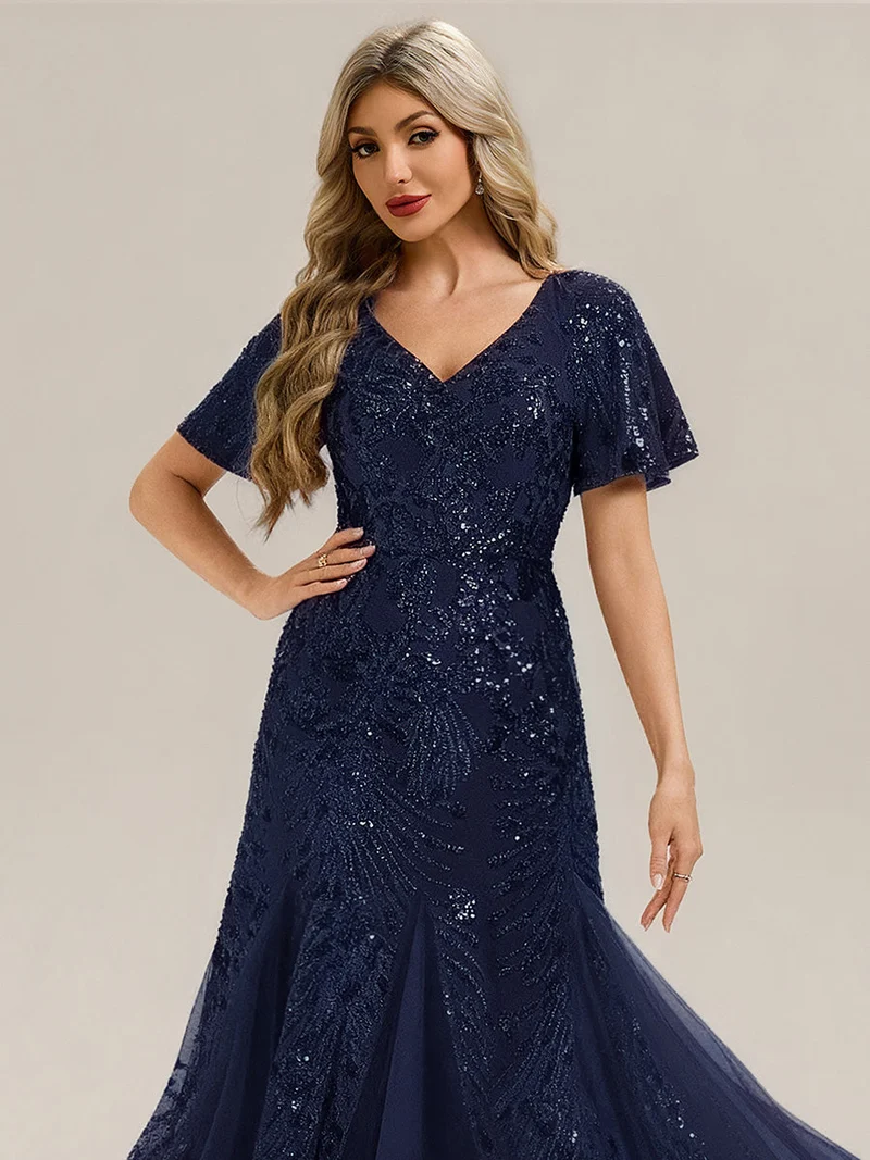 ever ANNIKA|Robe de soirée brodée à paillettes et manches à volants