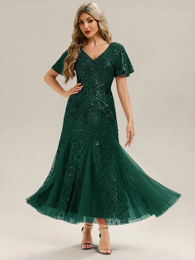 ever ANNIKA|Robe de soirée brodée à paillettes et manches à volants