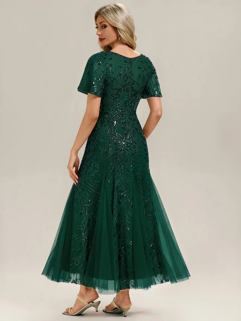 ever ANNIKA|Robe de soirée brodée à paillettes et manches à volants