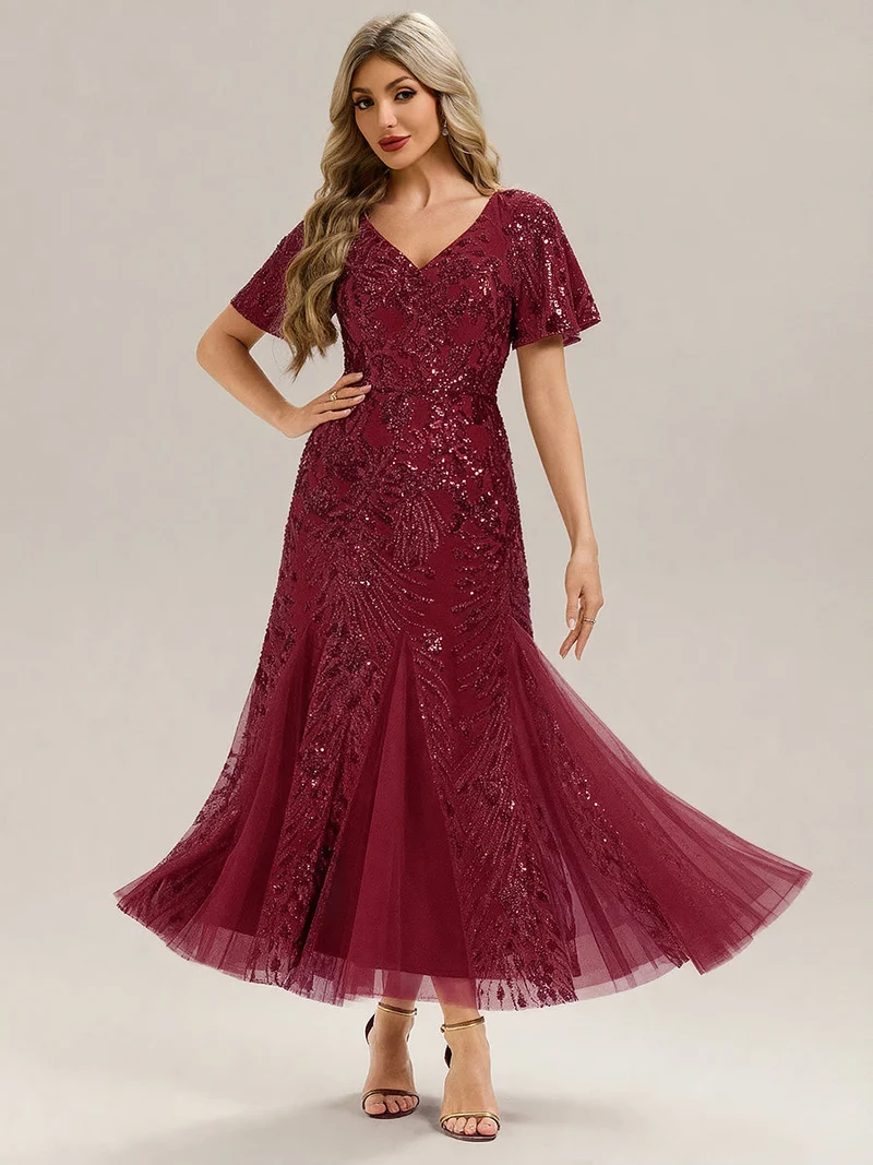 ever ANNIKA|Robe de soirée brodée à paillettes et manches à volants