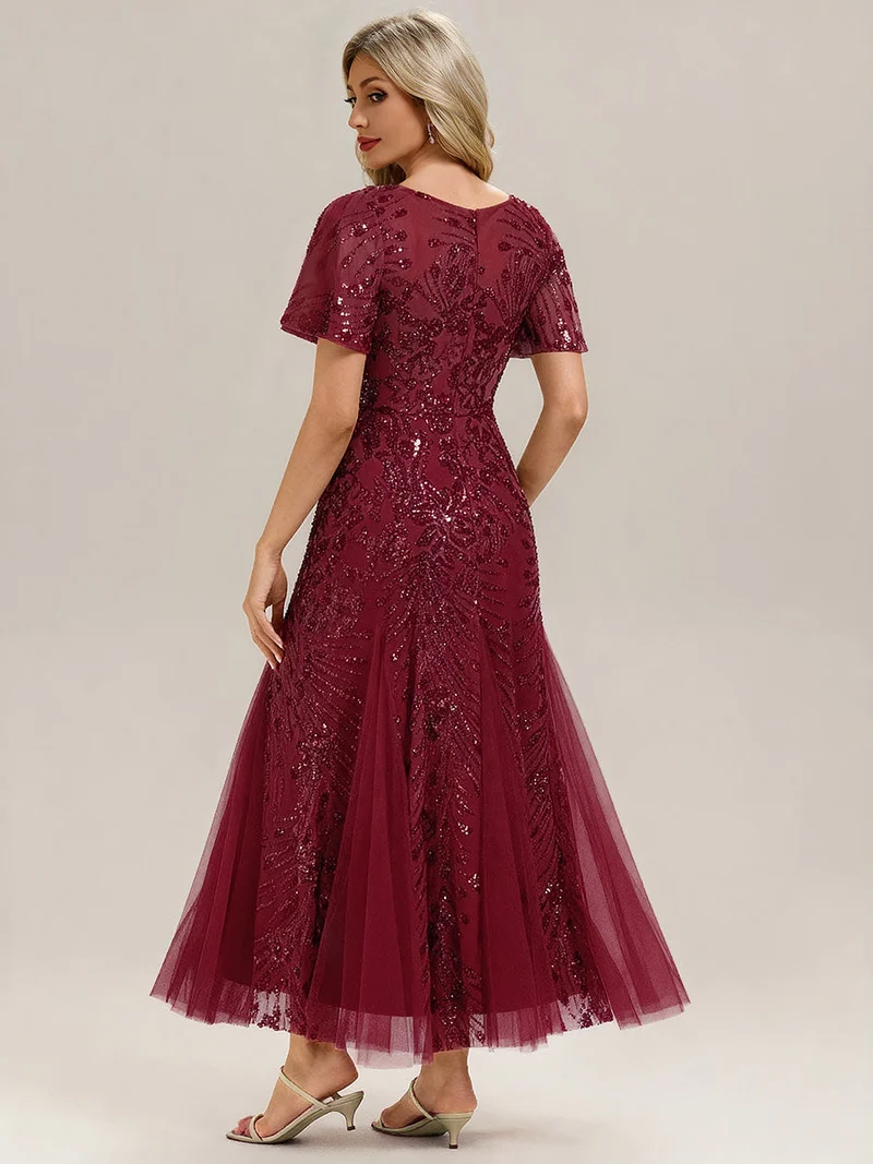 ever ANNIKA|Robe de soirée brodée à paillettes et manches à volants