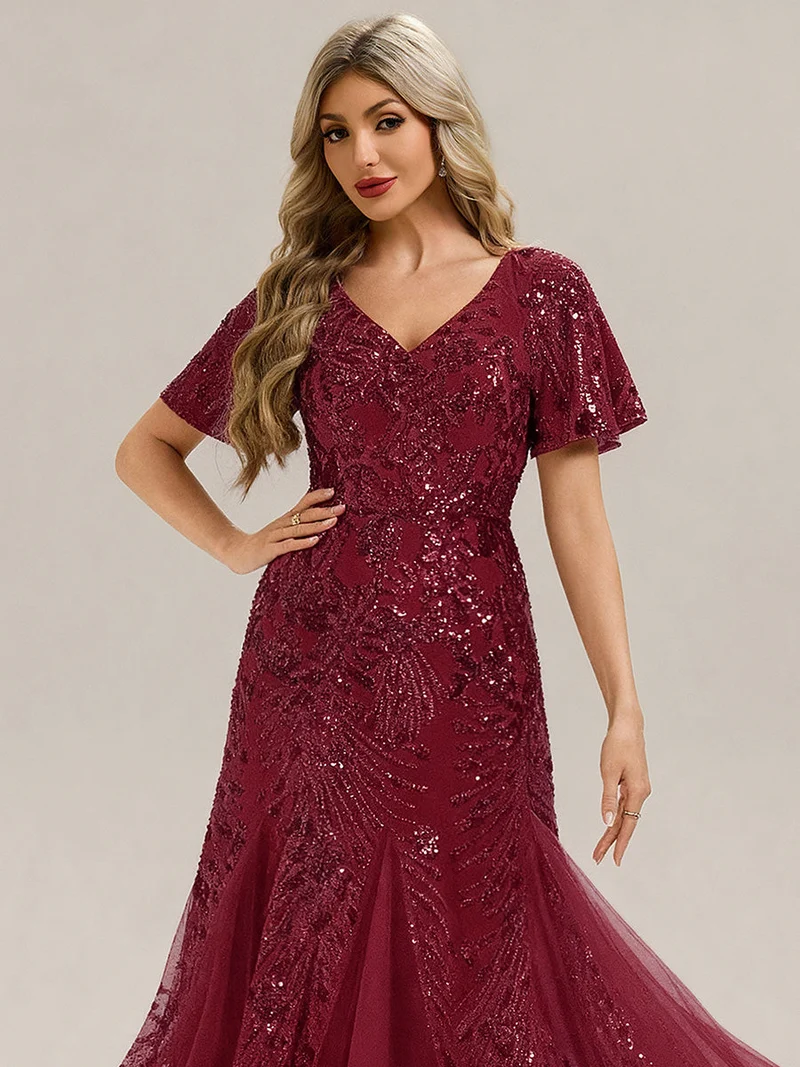 ever ANNIKA|Robe de soirée brodée à paillettes et manches à volants