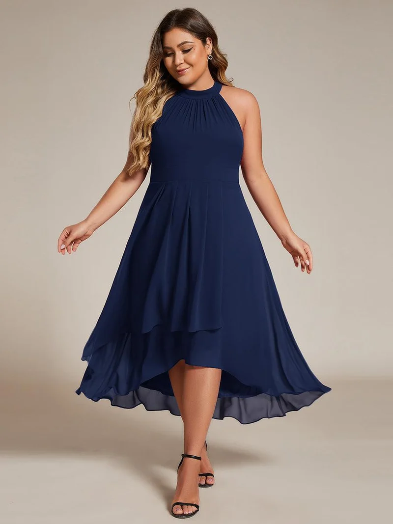 pretty POSIE|Grande Taille Robe d'invité de mariage mi-longue sans manches et col licou en mousseline de soie