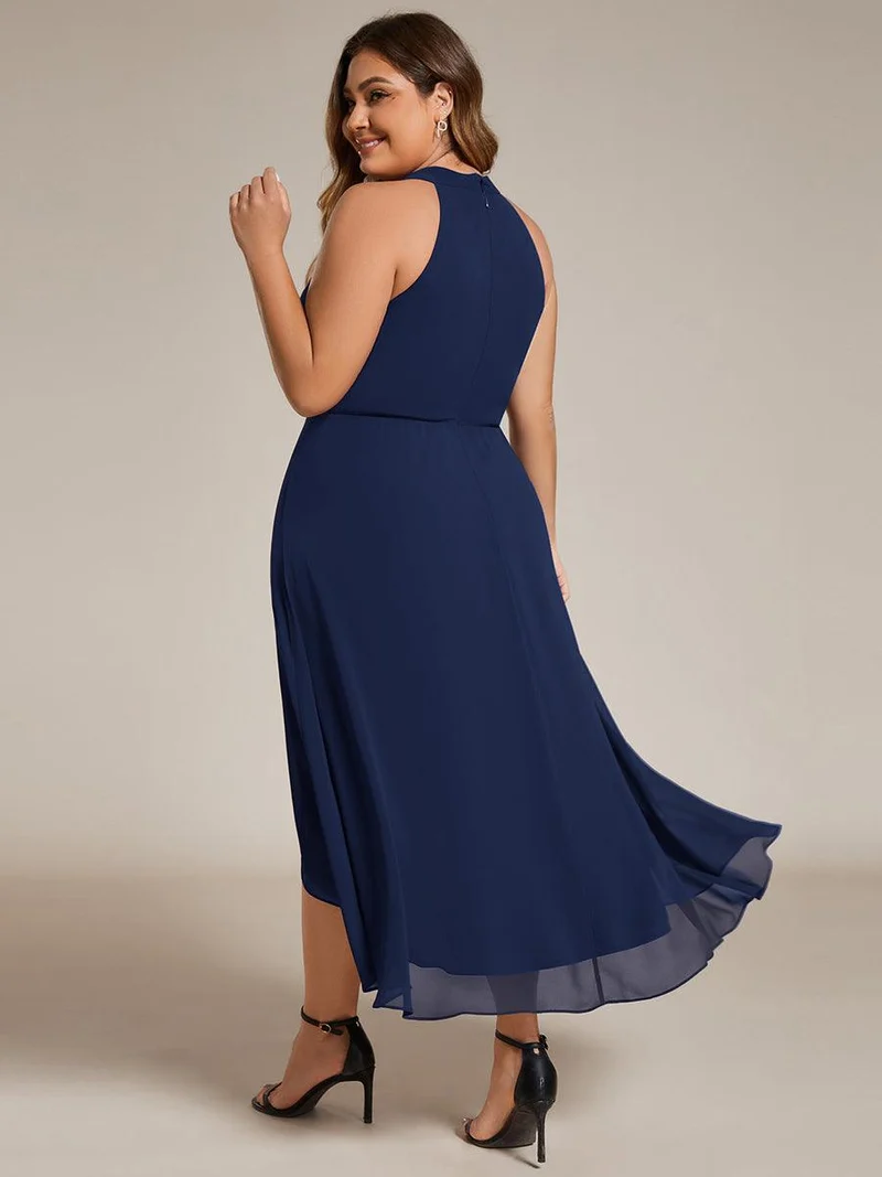 pretty POSIE|Grande Taille Robe d'invité de mariage mi-longue sans manches et col licou en mousseline de soie