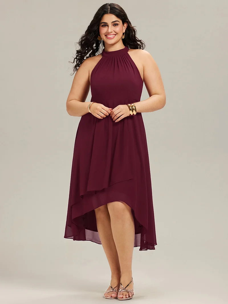 pretty POSIE|Grande Taille Robe d'invité de mariage mi-longue sans manches et col licou en mousseline de soie