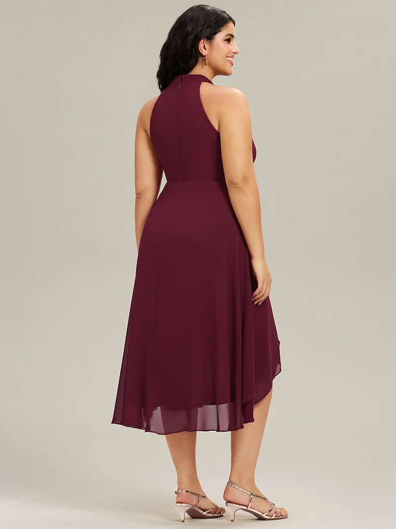 pretty POSIE|Grande Taille Robe d'invité de mariage mi-longue sans manches et col licou en mousseline de soie