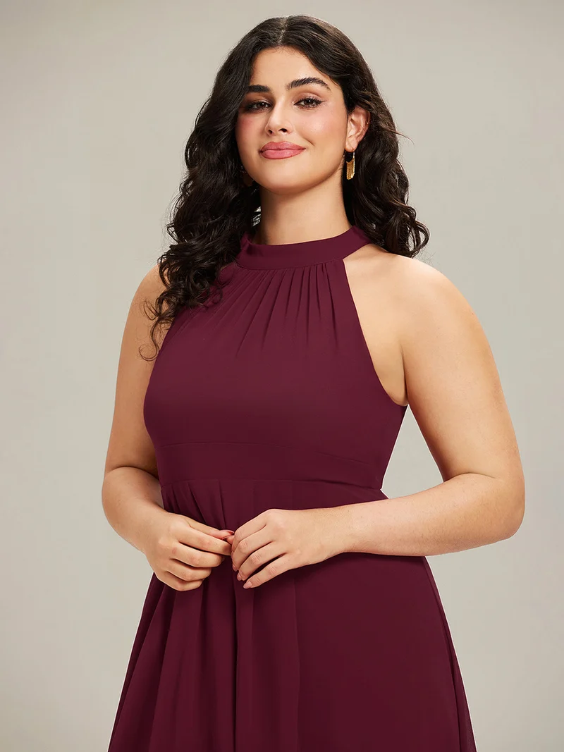 pretty POSIE|Grande Taille Robe d'invité de mariage mi-longue sans manches et col licou en mousseline de soie
