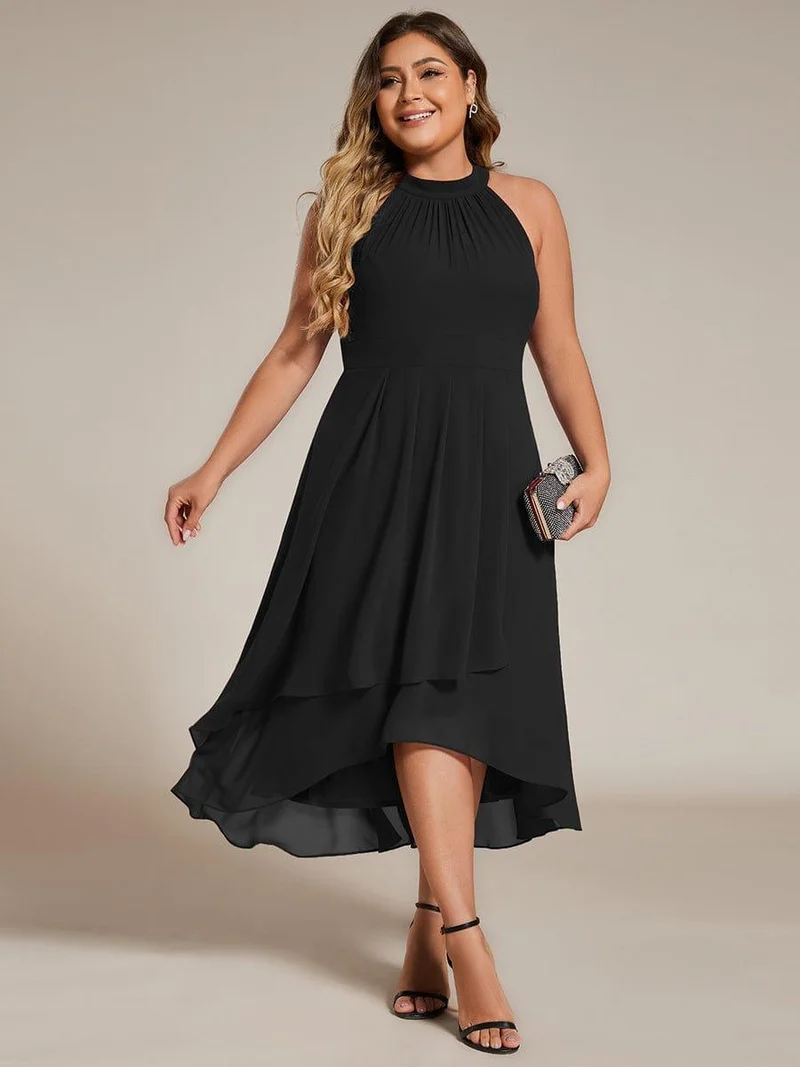 pretty POSIE|Grande Taille Robe d'invité de mariage mi-longue sans manches et col licou en mousseline de soie