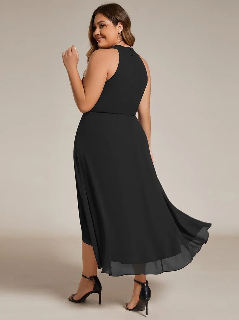 pretty POSIE|Grande Taille Robe d'invité de mariage mi-longue sans manches et col licou en mousseline de soie