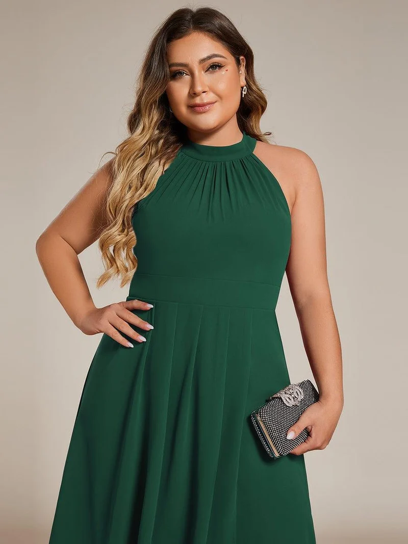 pretty POSIE|Grande Taille Robe d'invité de mariage mi-longue sans manches et col licou en mousseline de soie