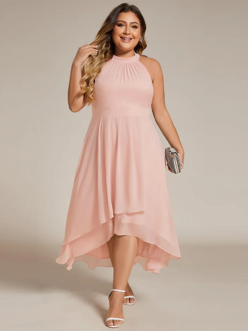 pretty POSIE|Grande Taille Robe d'invité de mariage mi-longue sans manches et col licou en mousseline de soie