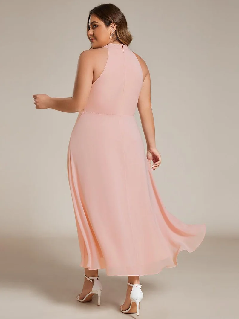 pretty POSIE|Grande Taille Robe d'invité de mariage mi-longue sans manches et col licou en mousseline de soie