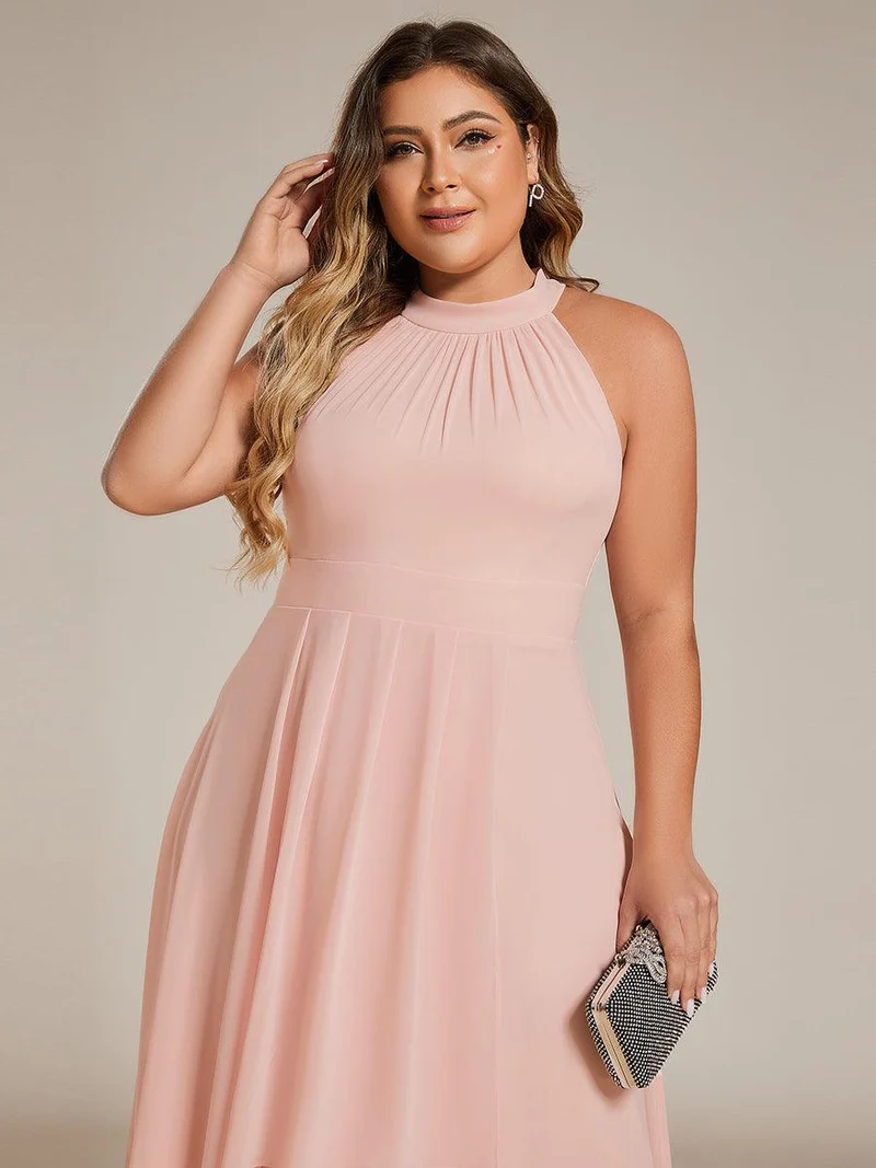 pretty POSIE|Grande Taille Robe d'invité de mariage mi-longue sans manches et col licou en mousseline de soie