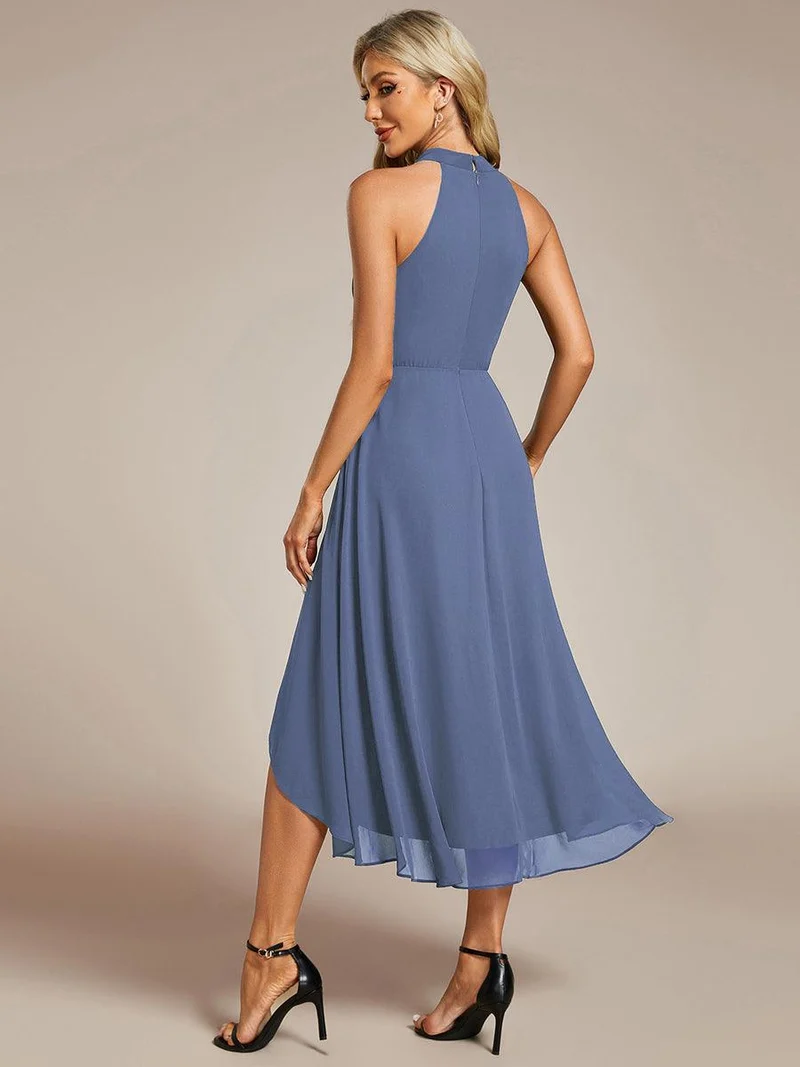 pretty POSIE|Grande Taille Robe d'invité de mariage mi-longue sans manches et col licou en mousseline de soie