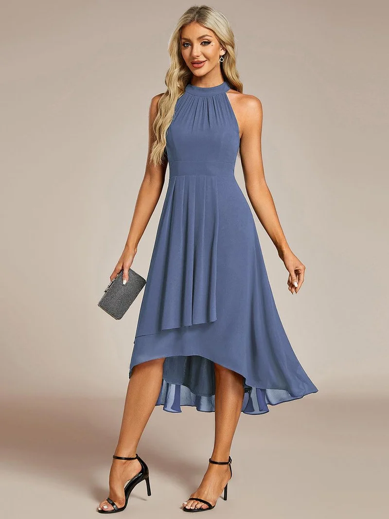 pretty POSIE|Grande Taille Robe d'invité de mariage mi-longue sans manches et col licou en mousseline de soie