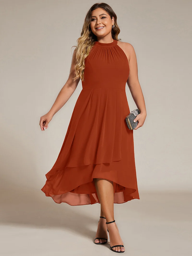 pretty POSIE|Grande Taille Robe d'invité de mariage mi-longue sans manches et col licou en mousseline de soie