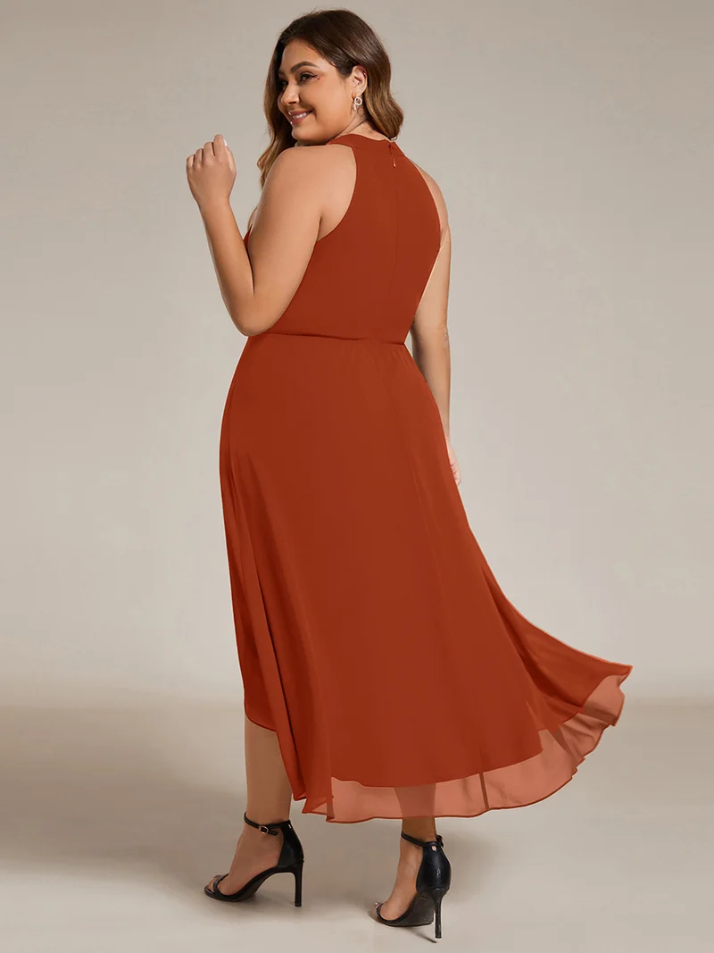 pretty POSIE|Grande Taille Robe d'invité de mariage mi-longue sans manches et col licou en mousseline de soie