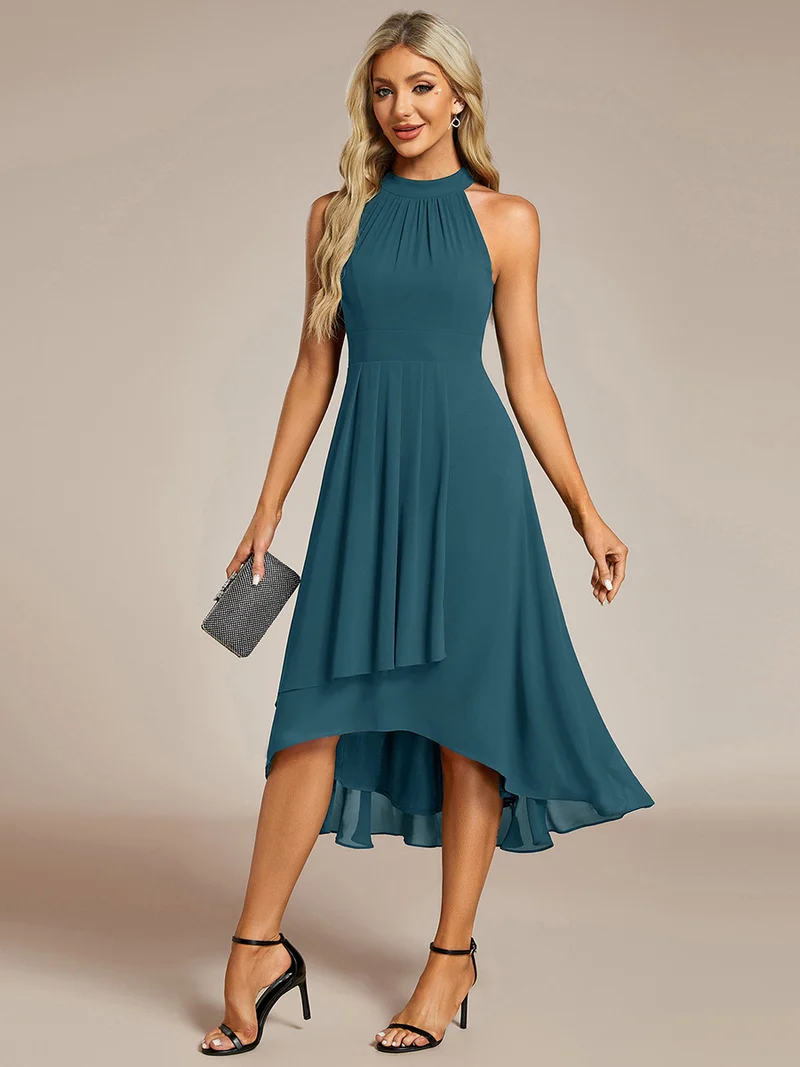 pretty POSIE|Grande Taille Robe d'invité de mariage mi-longue sans manches et col licou en mousseline de soie
