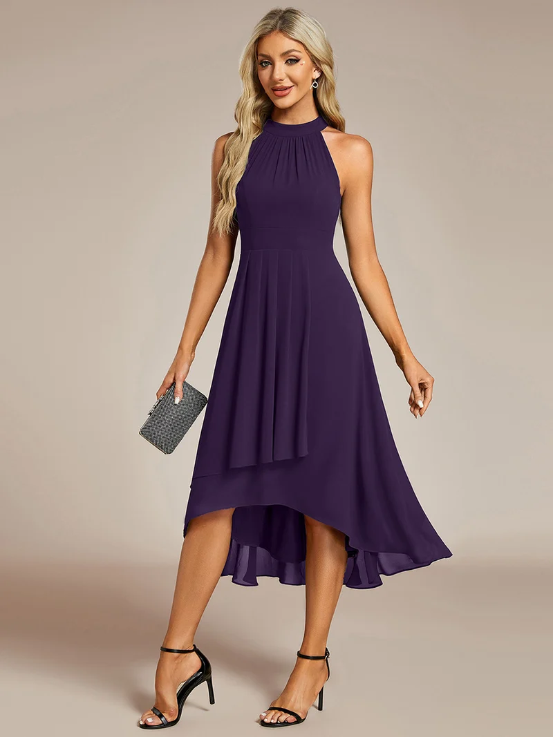 pretty POSIE|Grande Taille Robe d'invité de mariage mi-longue sans manches et col licou en mousseline de soie