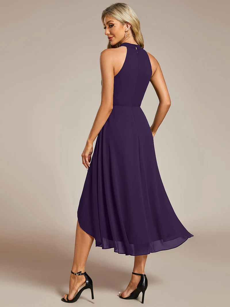 pretty POSIE|Grande Taille Robe d'invité de mariage mi-longue sans manches et col licou en mousseline de soie