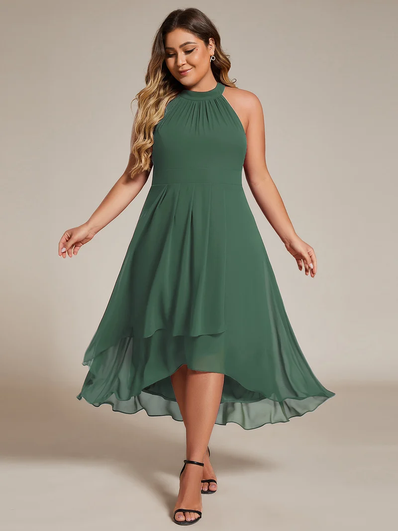 pretty POSIE|Grande Taille Robe d'invité de mariage mi-longue sans manches et col licou en mousseline de soie