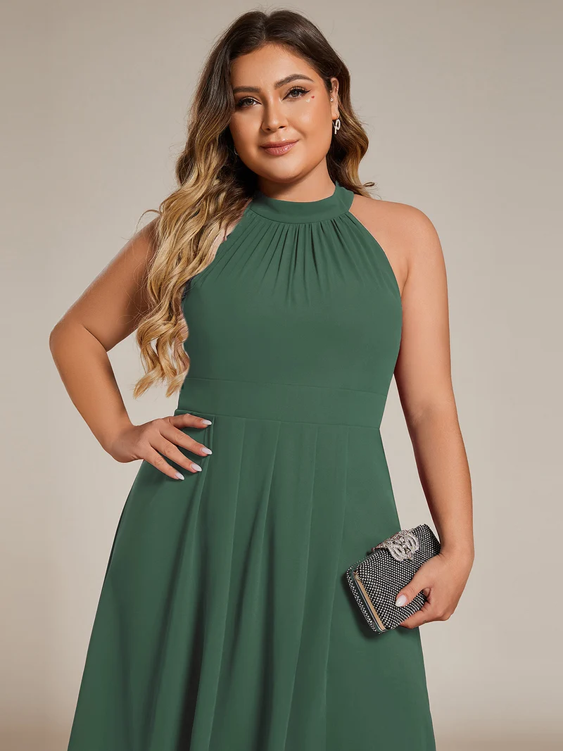 pretty POSIE|Grande Taille Robe d'invité de mariage mi-longue sans manches et col licou en mousseline de soie