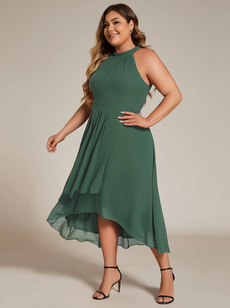 pretty POSIE|Grande Taille Robe d'invité de mariage mi-longue sans manches et col licou en mousseline de soie