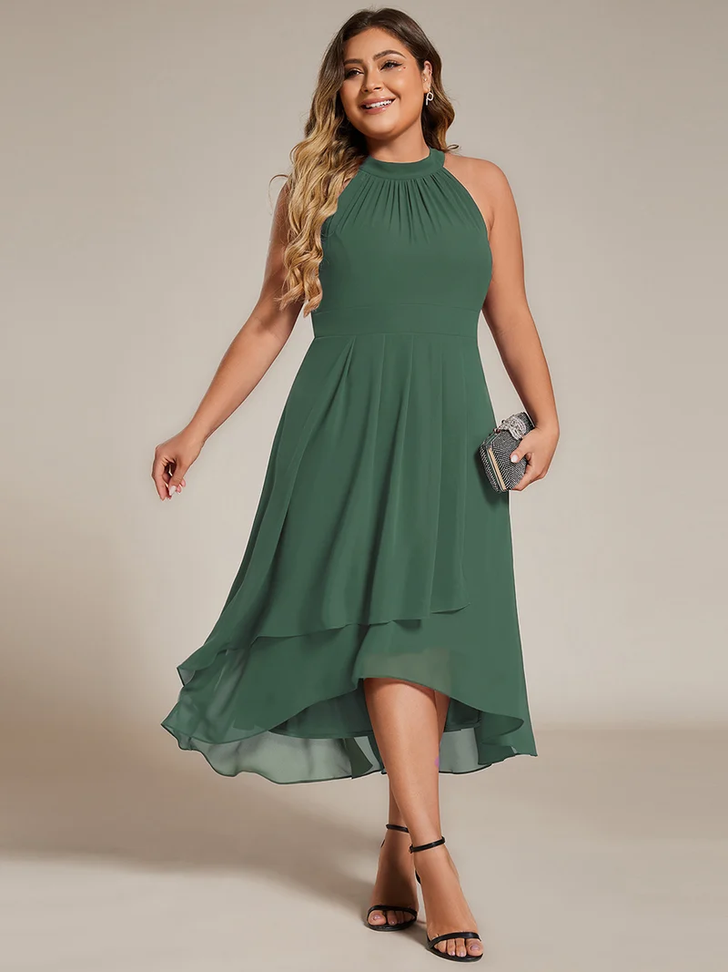 pretty POSIE|Grande Taille Robe d'invité de mariage mi-longue sans manches et col licou en mousseline de soie