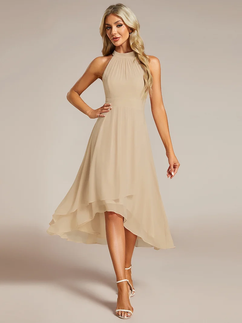 pretty POSIE|Grande Taille Robe d'invité de mariage mi-longue sans manches et col licou en mousseline de soie