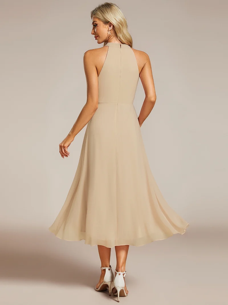 pretty POSIE|Grande Taille Robe d'invité de mariage mi-longue sans manches et col licou en mousseline de soie