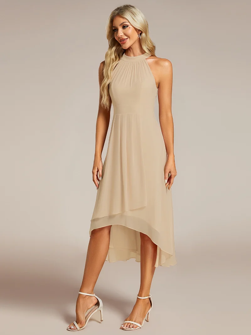 pretty POSIE|Grande Taille Robe d'invité de mariage mi-longue sans manches et col licou en mousseline de soie