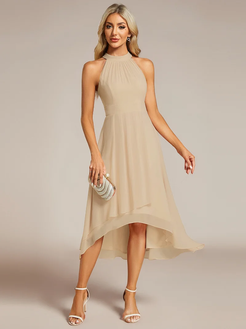 pretty POSIE|Grande Taille Robe d'invité de mariage mi-longue sans manches et col licou en mousseline de soie