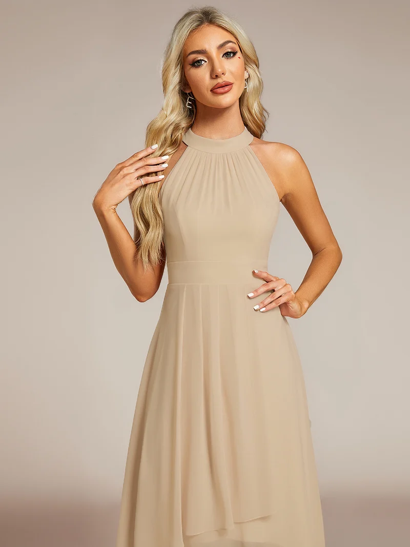 pretty POSIE|Grande Taille Robe d'invité de mariage mi-longue sans manches et col licou en mousseline de soie